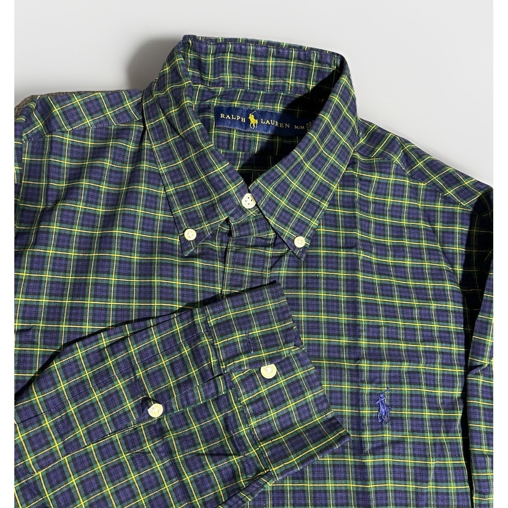 Ralph Lauren Shirt Men Medium Green Blue Plaid Classic Preppy Dress Office Pony